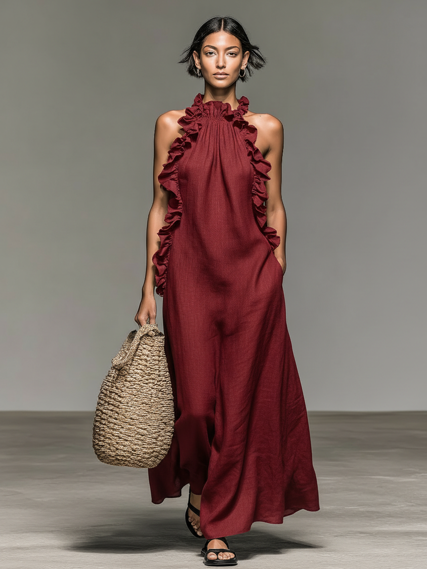 Linen-Blend Sleeveless Maxi Dress with Ruffles for Women - Casual Summer Wear