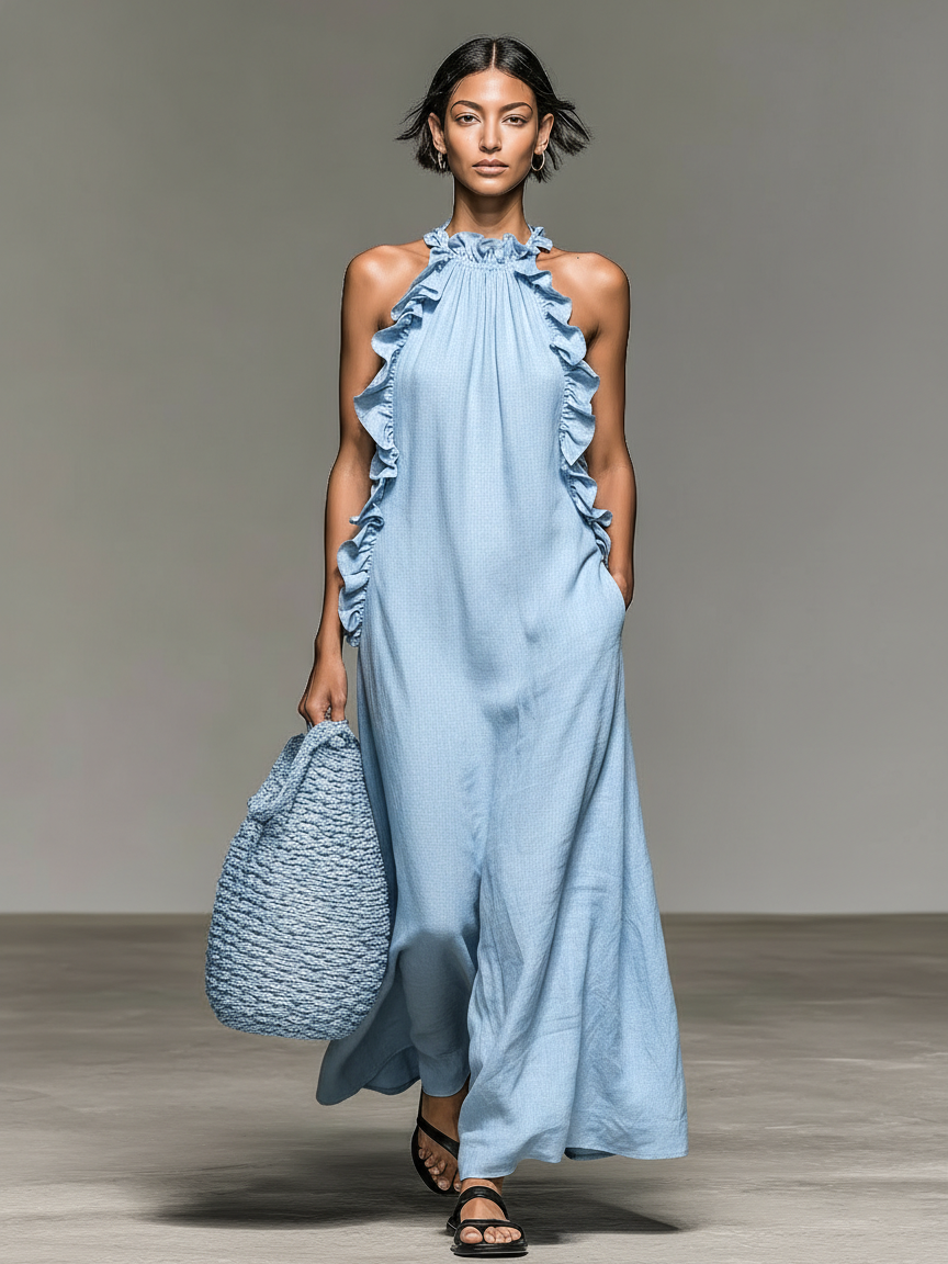 Linen-Blend Sleeveless Maxi Dress with Ruffles for Women - Casual Summer Wear