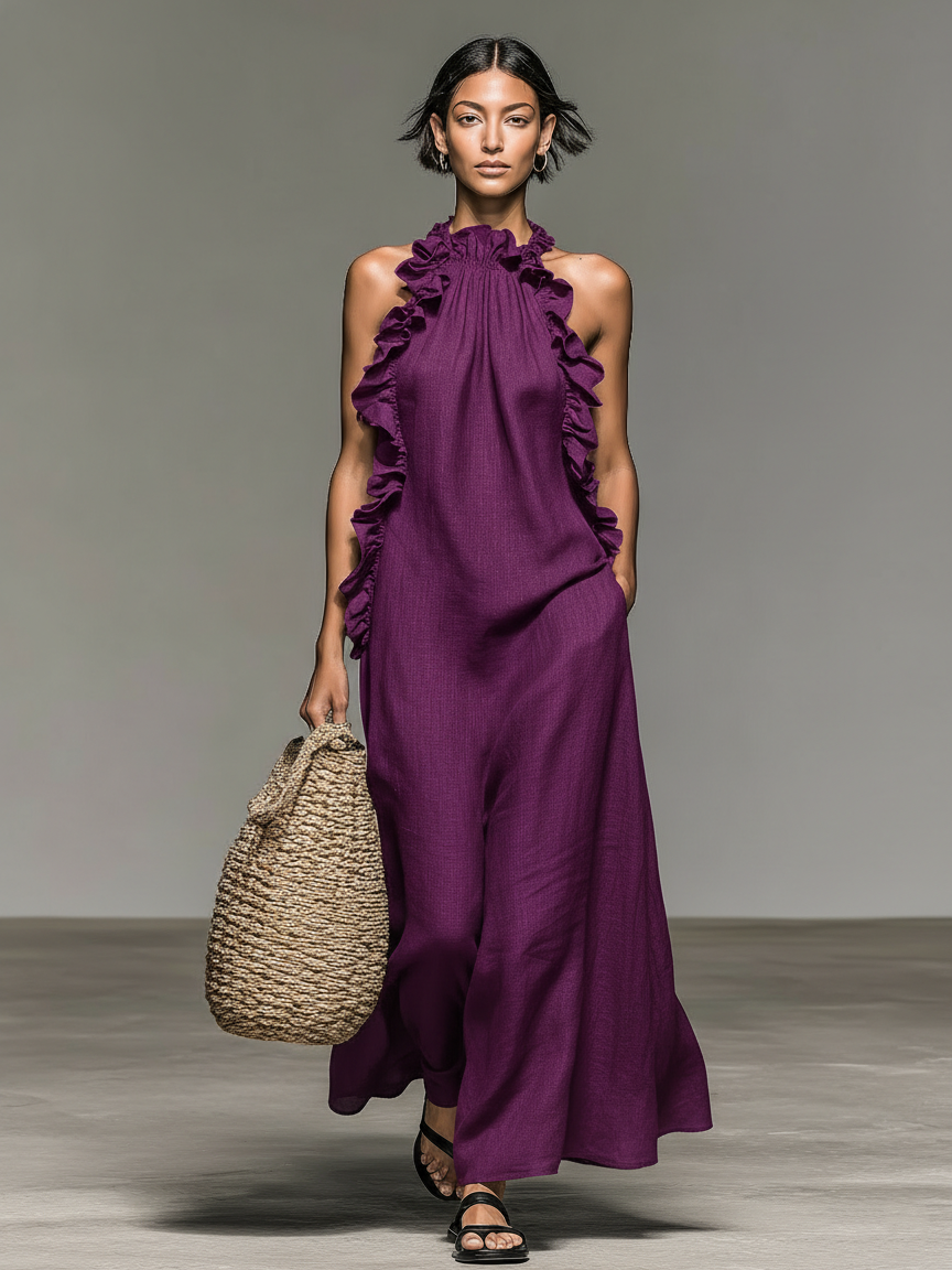 Linen-Blend Sleeveless Maxi Dress with Ruffles for Women - Casual Summer Wear