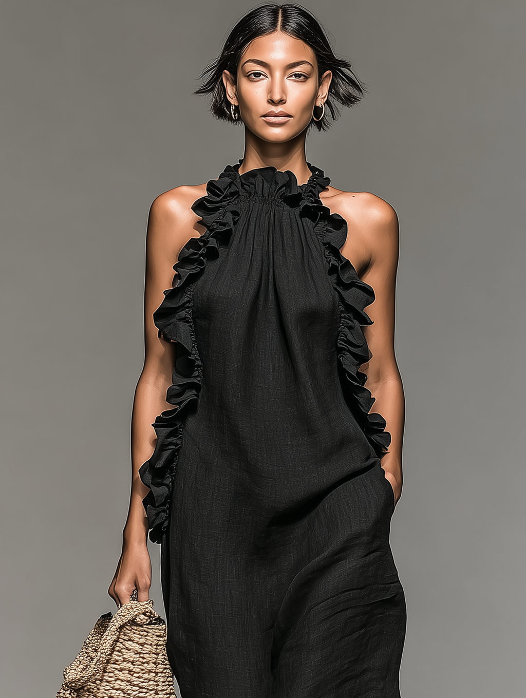 Linen-Blend Sleeveless Maxi Dress with Ruffles for Women - Casual Summer Wear