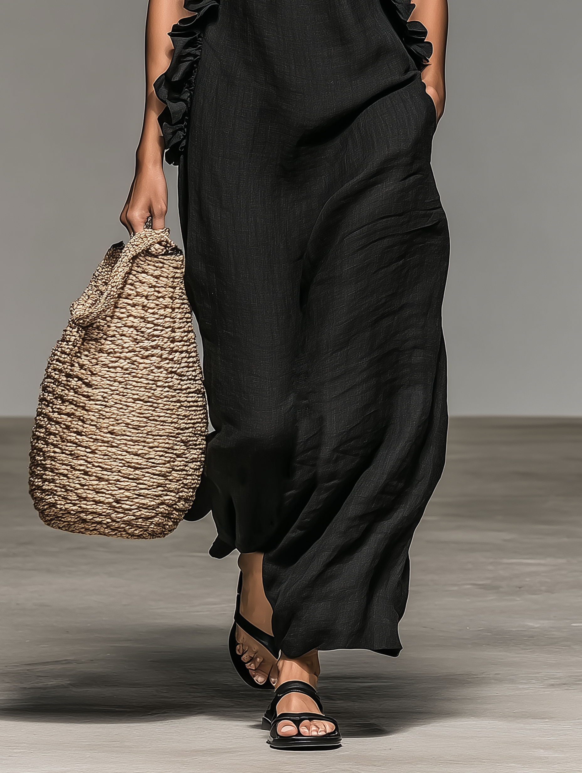 Linen-Blend Sleeveless Maxi Dress with Ruffles for Women - Casual Summer Wear