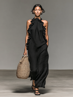 Linen-Blend Sleeveless Maxi Dress with Ruffles for Women - Casual Summer Wear