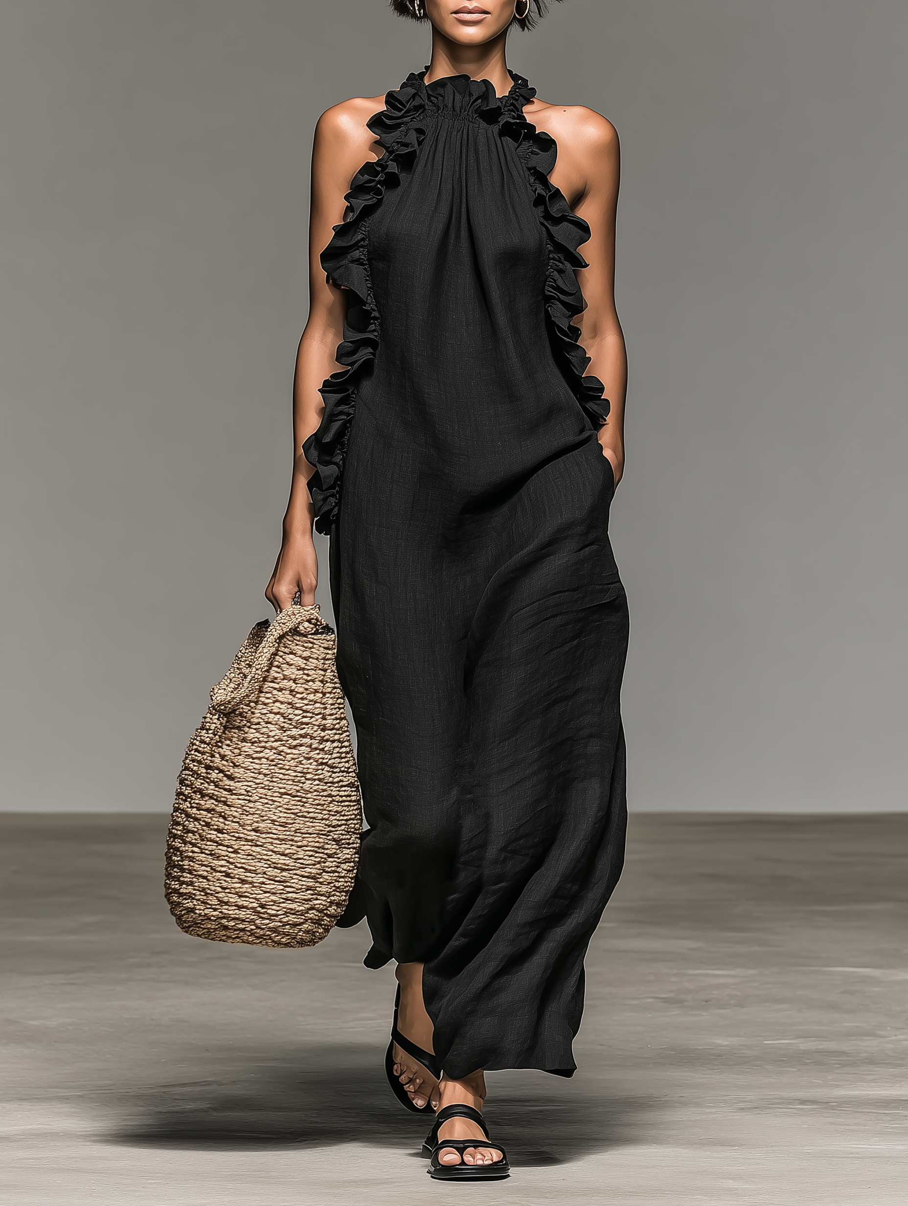 Linen-Blend Sleeveless Maxi Dress with Ruffles for Women - Casual Summer Wear