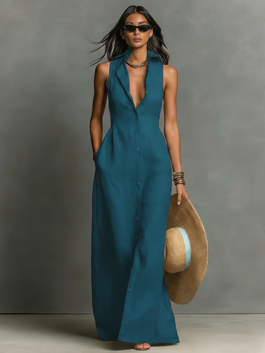 Linen-Blend Sleeveless Maxi Shirt Dress for Women - Minimalist Collared Design
