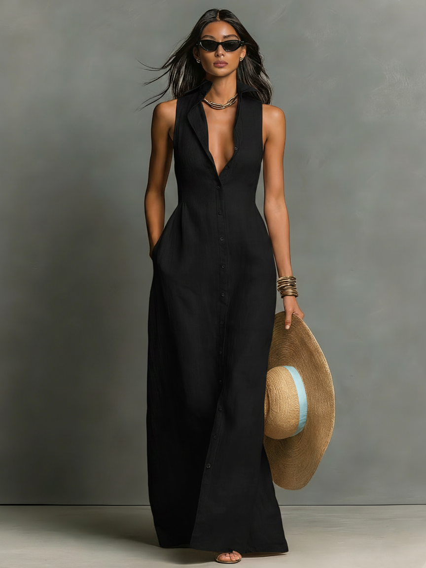 Linen-Blend Sleeveless Maxi Shirt Dress for Women - Minimalist Collared Design