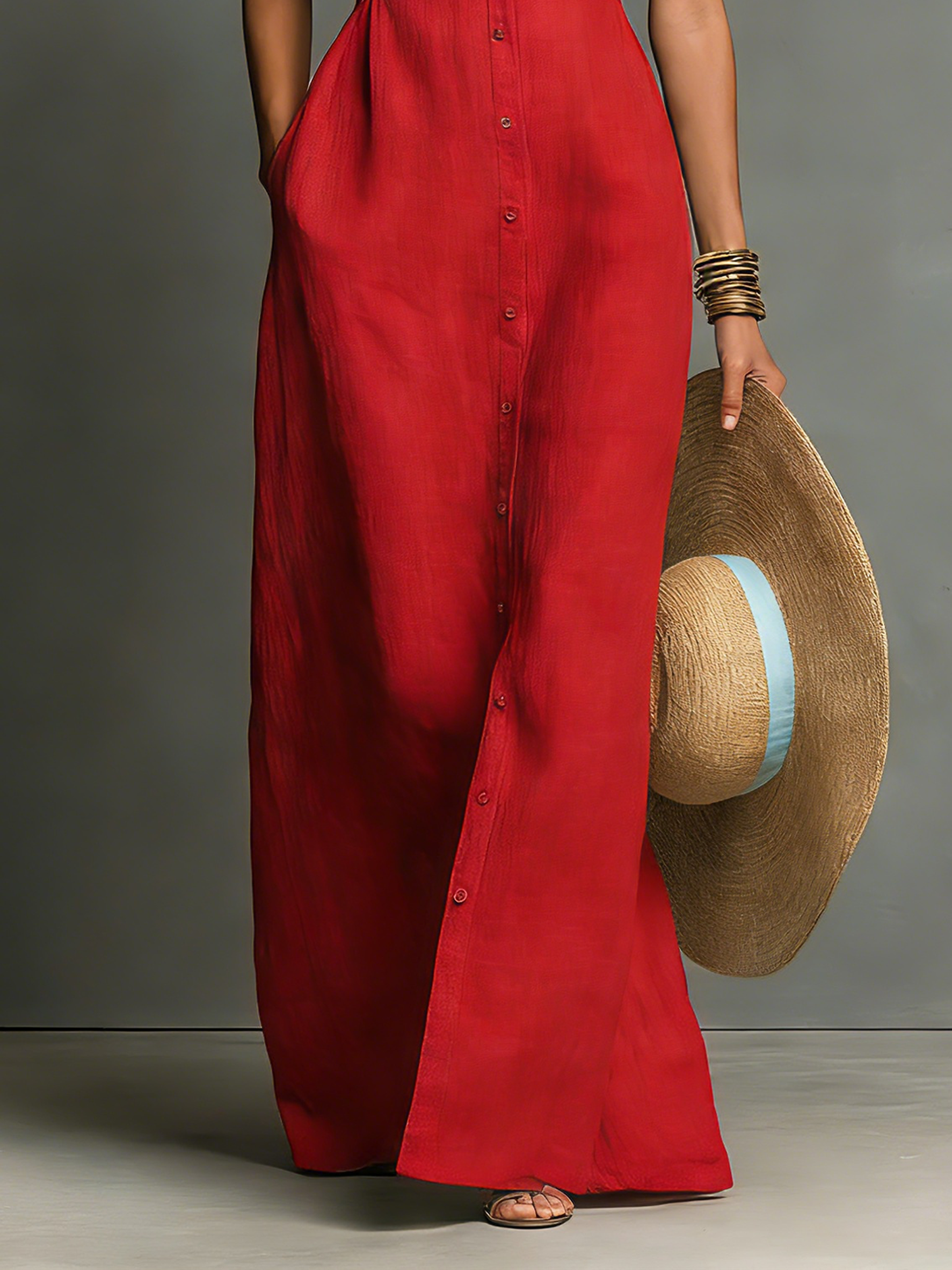 Linen-Blend Sleeveless Maxi Shirt Dress for Women - Minimalist Collared Design