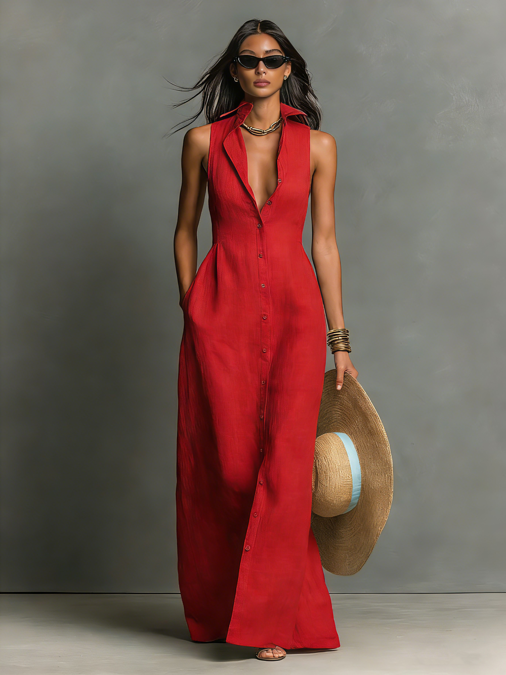 Linen-Blend Sleeveless Maxi Shirt Dress for Women - Minimalist Collared Design