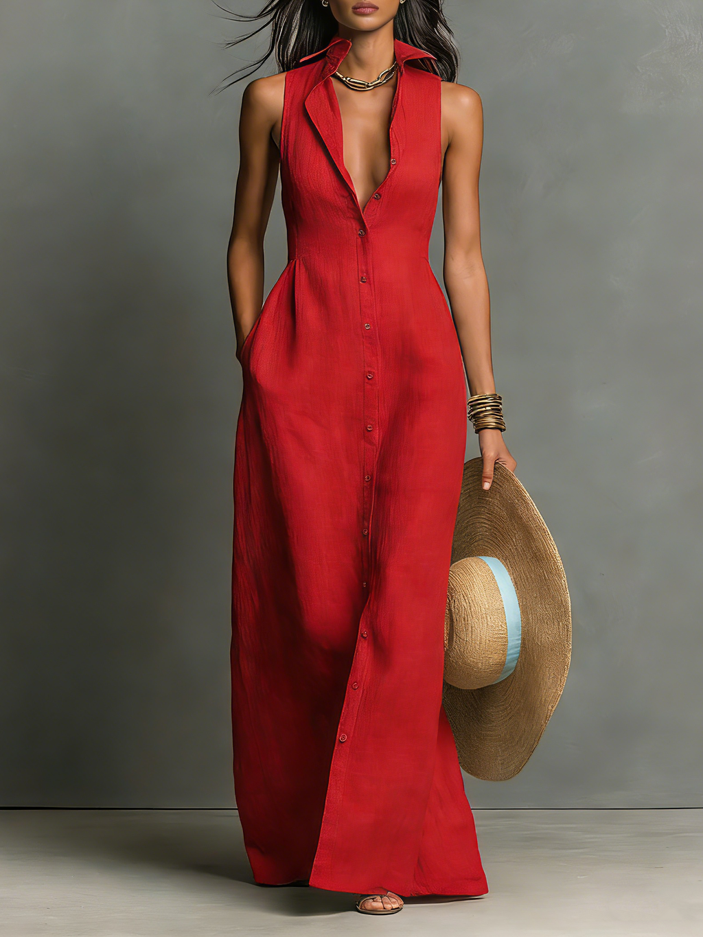 Linen-Blend Sleeveless Maxi Shirt Dress for Women - Minimalist Collared Design