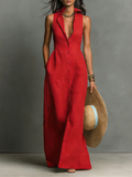 Linen-Blend Sleeveless Maxi Shirt Dress for Women - Minimalist Collared Design