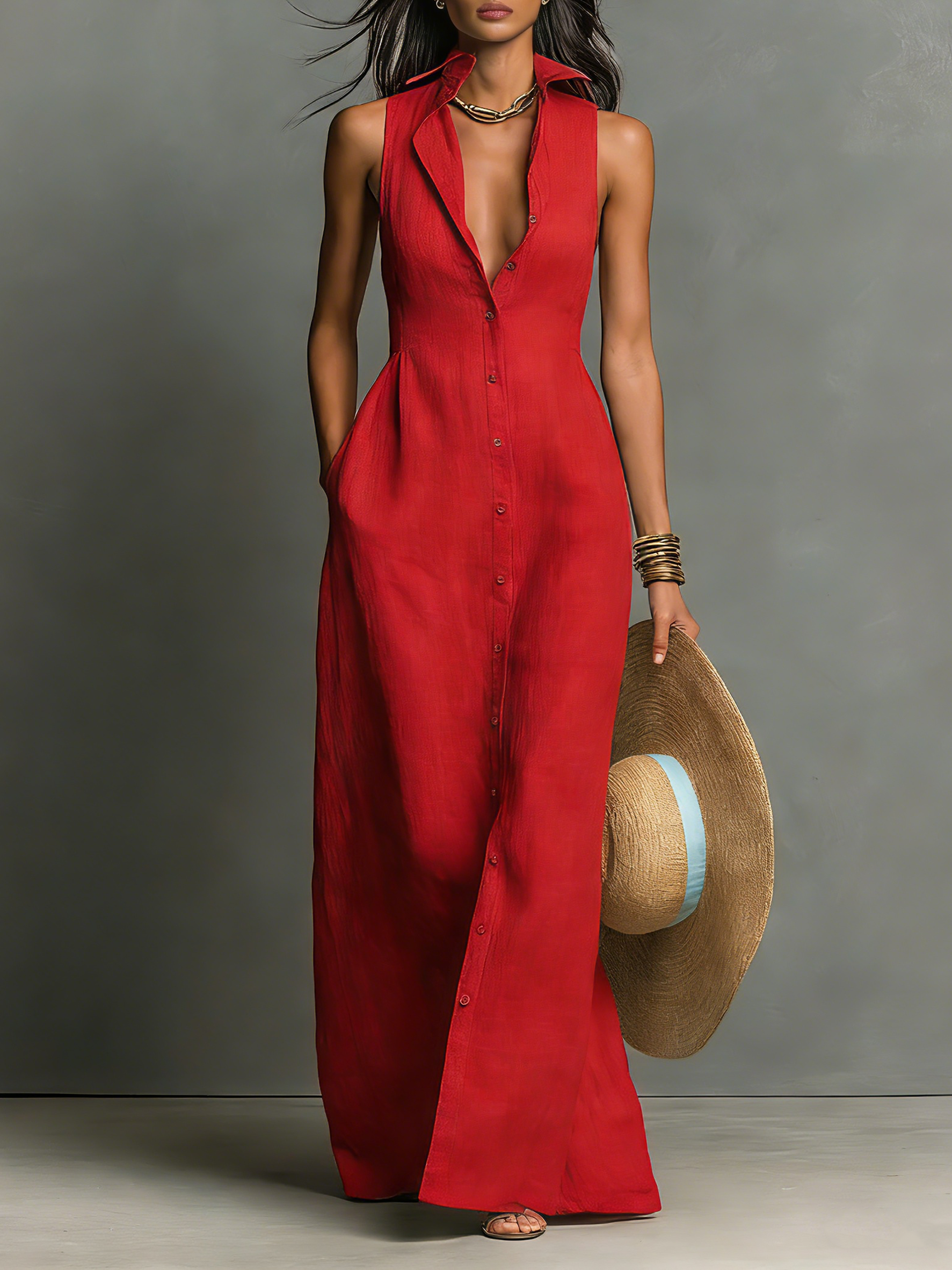Linen-Blend Sleeveless Maxi Shirt Dress for Women - Minimalist Collared Design