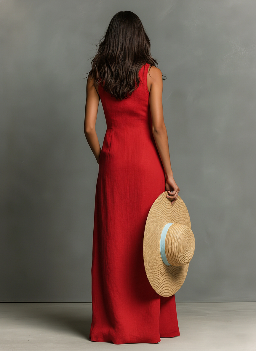Linen-Blend Sleeveless Maxi Shirt Dress with Collared Design for Women