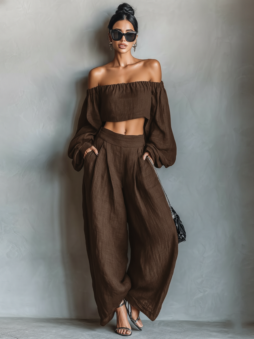 Linen Blend Strapless Blouse & Wide-Leg Pants Set for Women - Minimalist Style