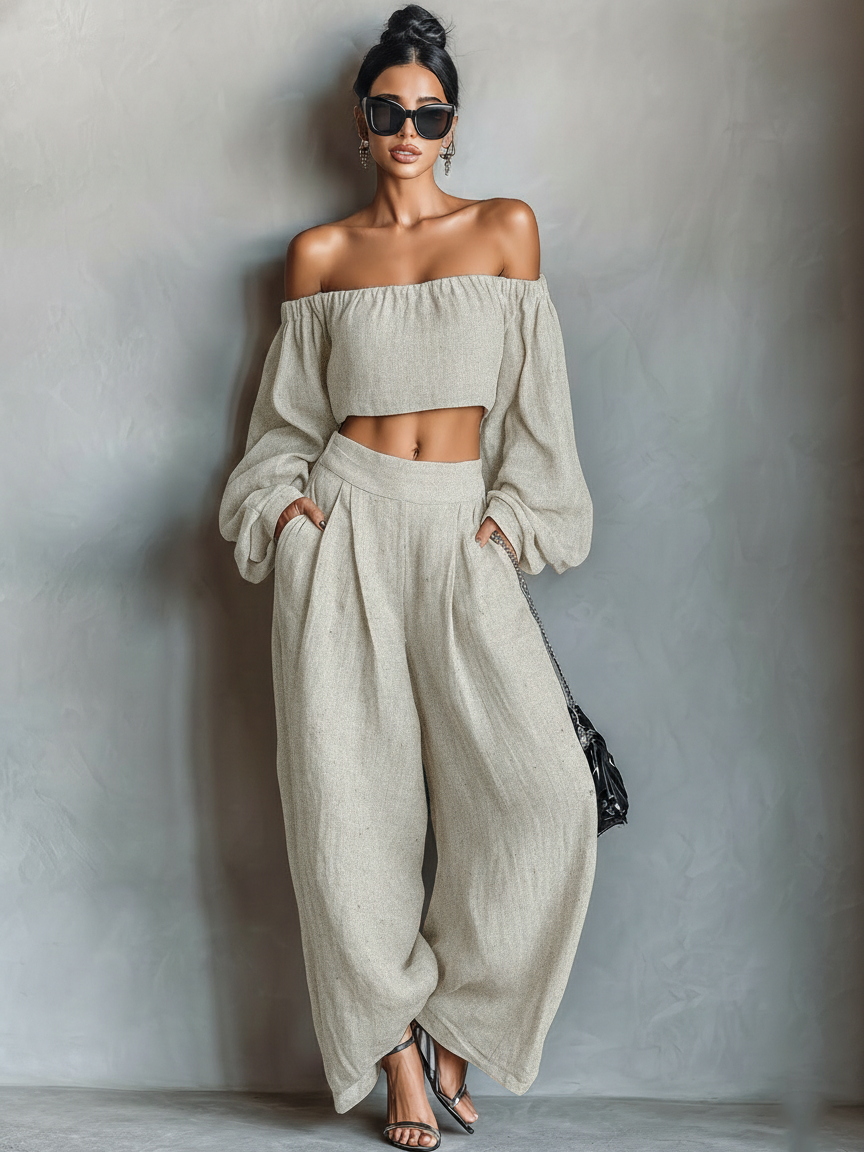 Linen Blend Strapless Blouse & Wide-Leg Pants Set for Women - Minimalist Style