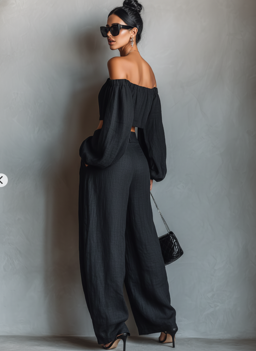 Linen Blend Strapless Blouse & Wide-Leg Pants Set for Women - Minimalist Style