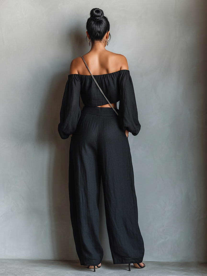 Linen Blend Strapless Blouse & Wide-Leg Pants Set for Women - Minimalist Style