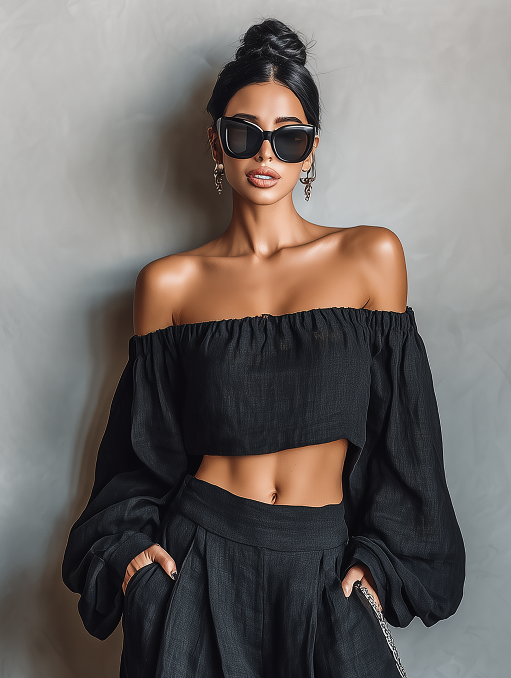 Linen Blend Strapless Blouse & Wide-Leg Pants Set for Women - Minimalist Style