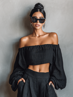Linen Blend Strapless Blouse & Wide-Leg Pants Set for Women - Minimalist Style