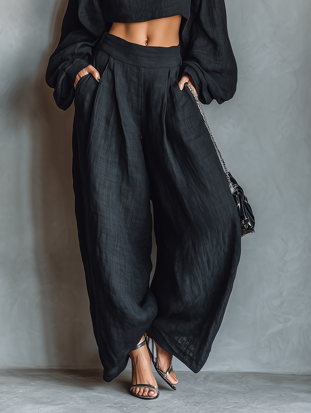 Linen Blend Strapless Blouse & Wide-Leg Pants Set for Women - Minimalist Style