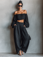 Linen Blend Strapless Blouse & Wide-Leg Pants Set for Women - Minimalist Style
