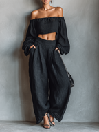 Linen Blend Strapless Blouse & Wide-Leg Pants Set for Women - Minimalist Style