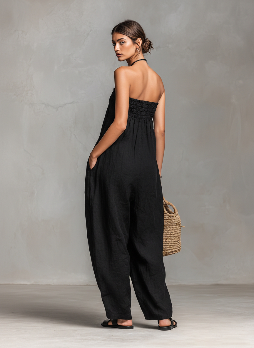Linen-Blend Strapless Jumpsuit for Women - Loose-Fitting Summer Outfit
