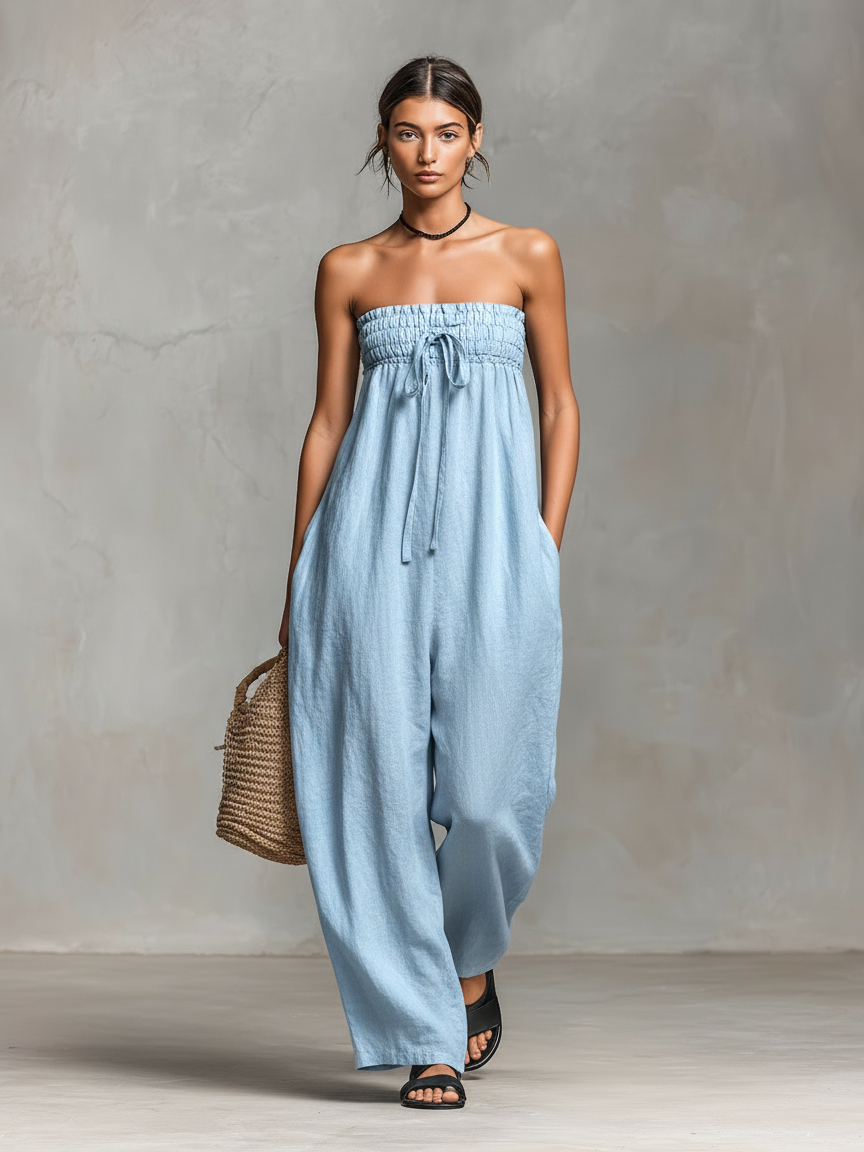Linen-Blend Strapless Jumpsuit for Women - Loose-Fitting Summer Outfit