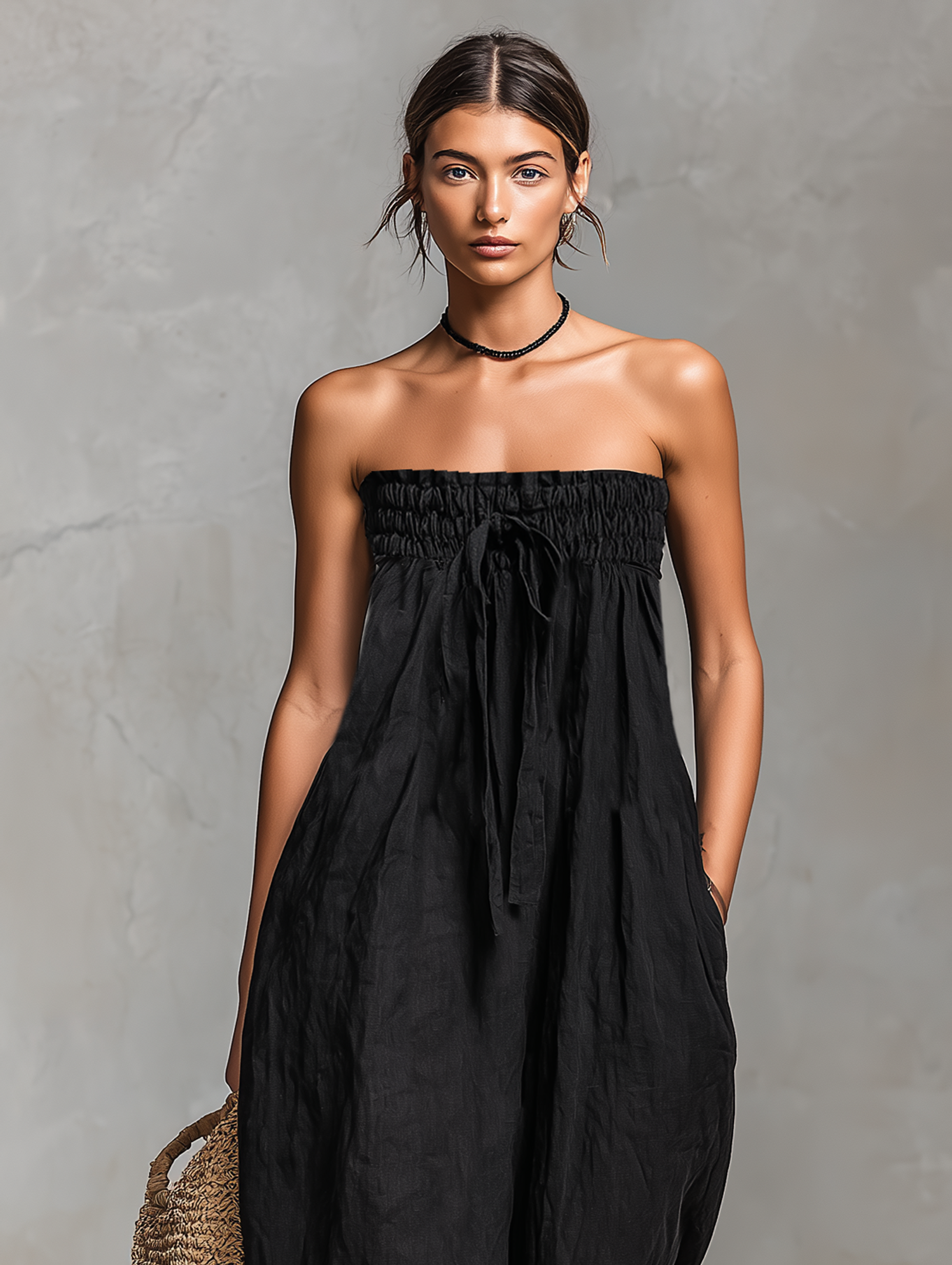 Linen-Blend Strapless Jumpsuit for Women - Loose-Fitting Summer Outfit