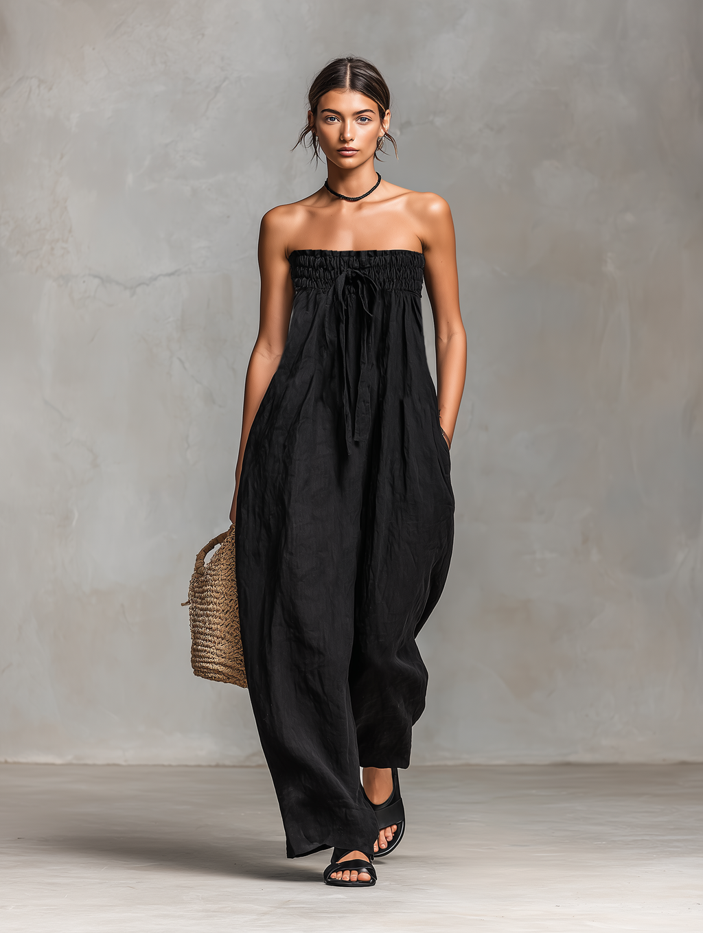Linen-Blend Strapless Jumpsuit for Women - Loose-Fitting Summer Outfit