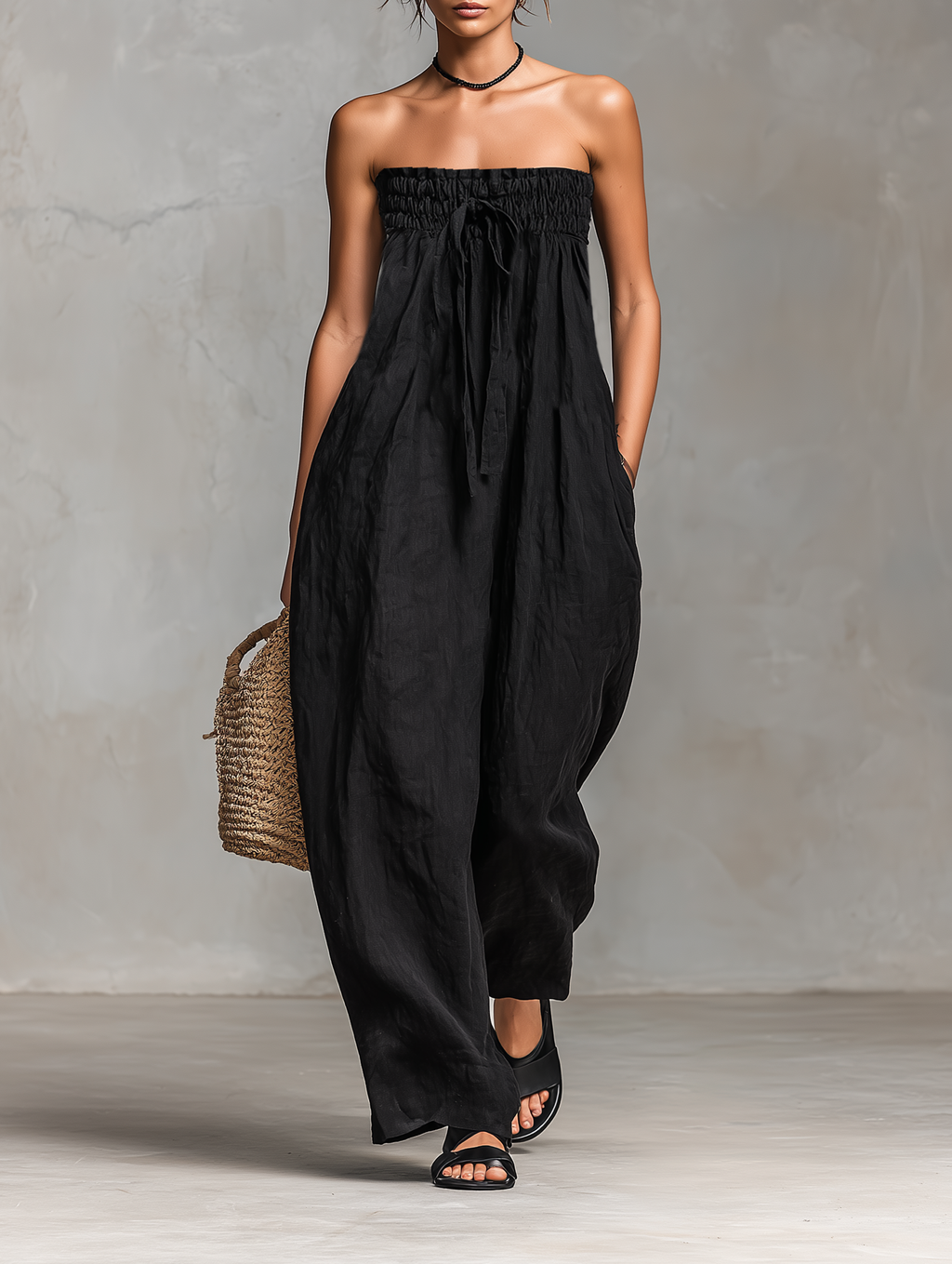 Linen-Blend Strapless Jumpsuit for Women - Loose-Fitting Summer Outfit