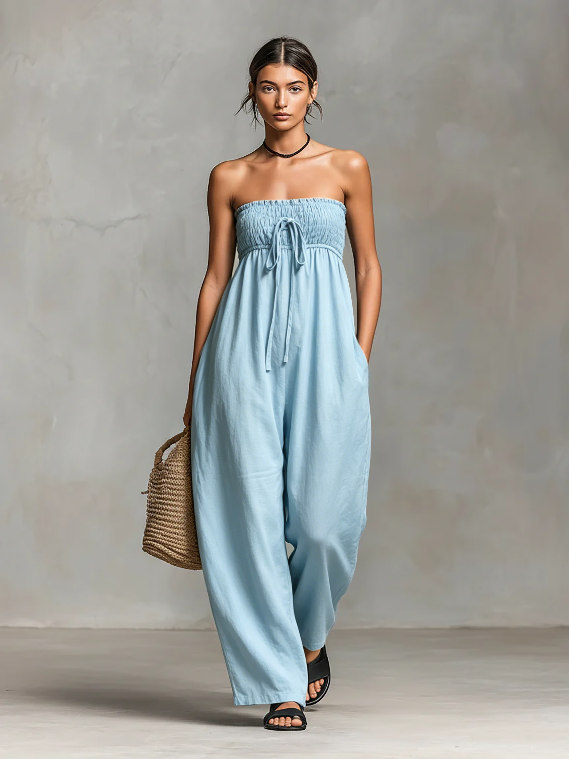 Linen Blend Strapless Jumpsuit for Women - Minimalist Loose Fit with Tie Closure