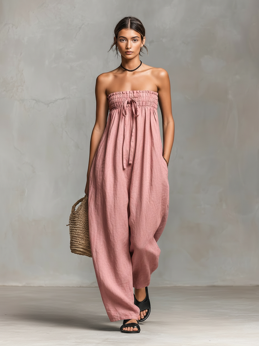 Linen Blend Strapless Jumpsuit for Women - Minimalist Loose Fit with Tie Closure