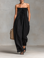 Linen Blend Strapless Jumpsuit for Women - Minimalist Loose Fit with Tie Closure