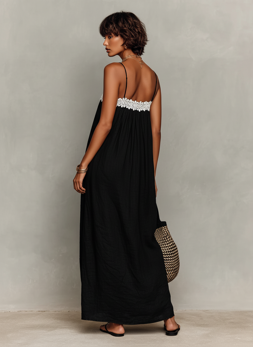 Linen-Blend Strapless Maxi Dress with Lace Panels for Women - MDZ1926C9Y