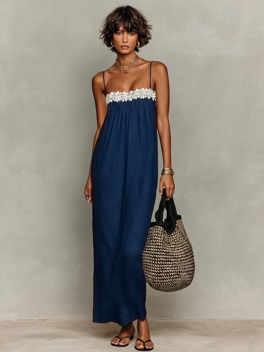 Linen-Blend Strapless Maxi Dress with Lace Panels for Women - MDZ1926C9Y