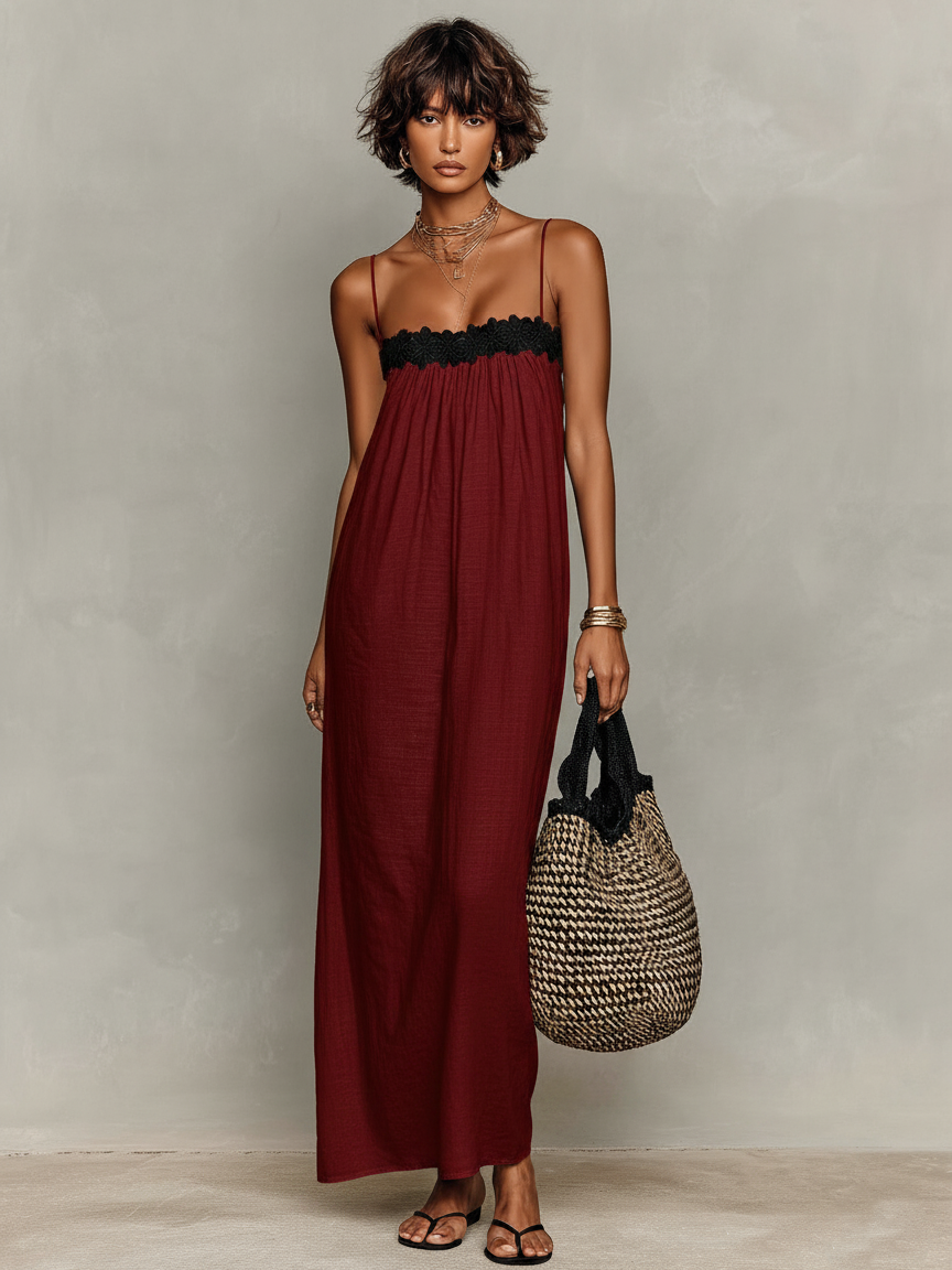 Linen-Blend Strapless Maxi Dress with Lace Panels for Women - MDZ1926C9Y
