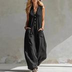 Linen V-Neck Sleeveless Jumpsuit for Women - Casual Boho Summer Romper