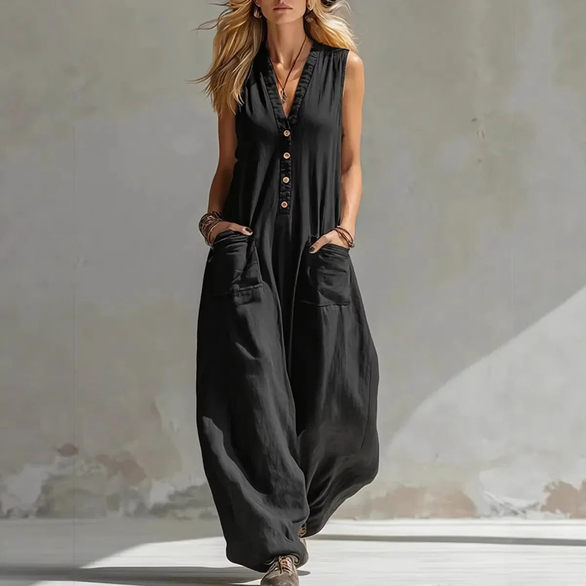 Linen V-Neck Sleeveless Jumpsuit for Women - Casual Boho Summer Romper
