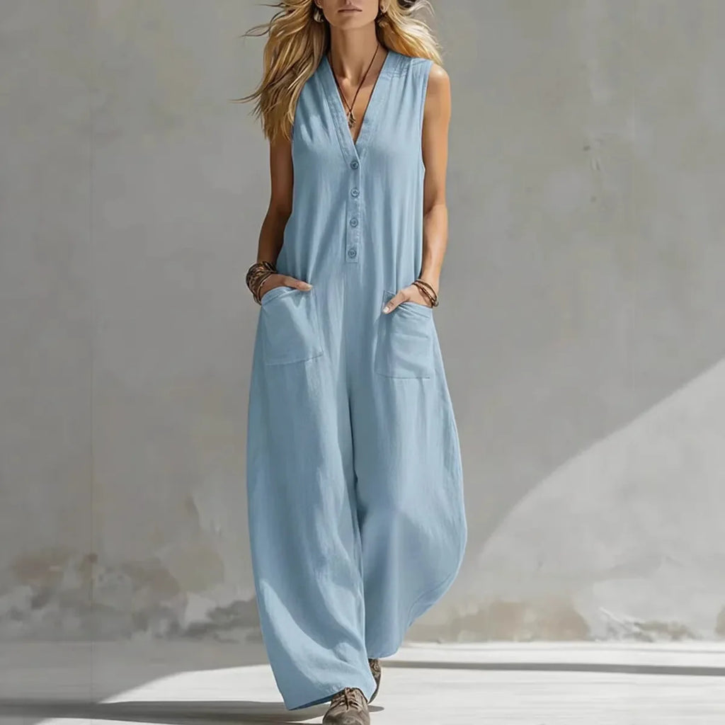 Linen V-Neck Sleeveless Jumpsuit for Women - Casual Boho Summer Romper