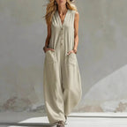 Linen V-Neck Sleeveless Jumpsuit for Women - Casual Boho Summer Romper