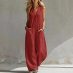 Linen V-Neck Sleeveless Jumpsuit for Women - Casual Boho Summer Romper