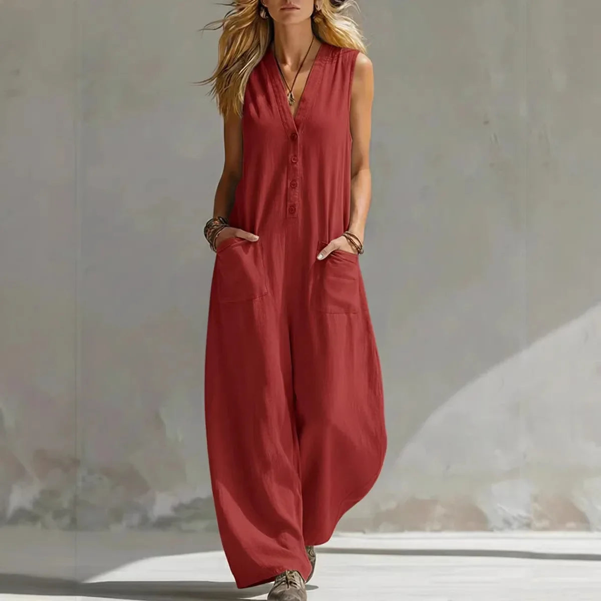 Linen V-Neck Sleeveless Jumpsuit for Women - Casual Boho Summer Romper