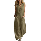 Linen V-Neck Sleeveless Jumpsuit for Women - Casual Boho Summer Romper