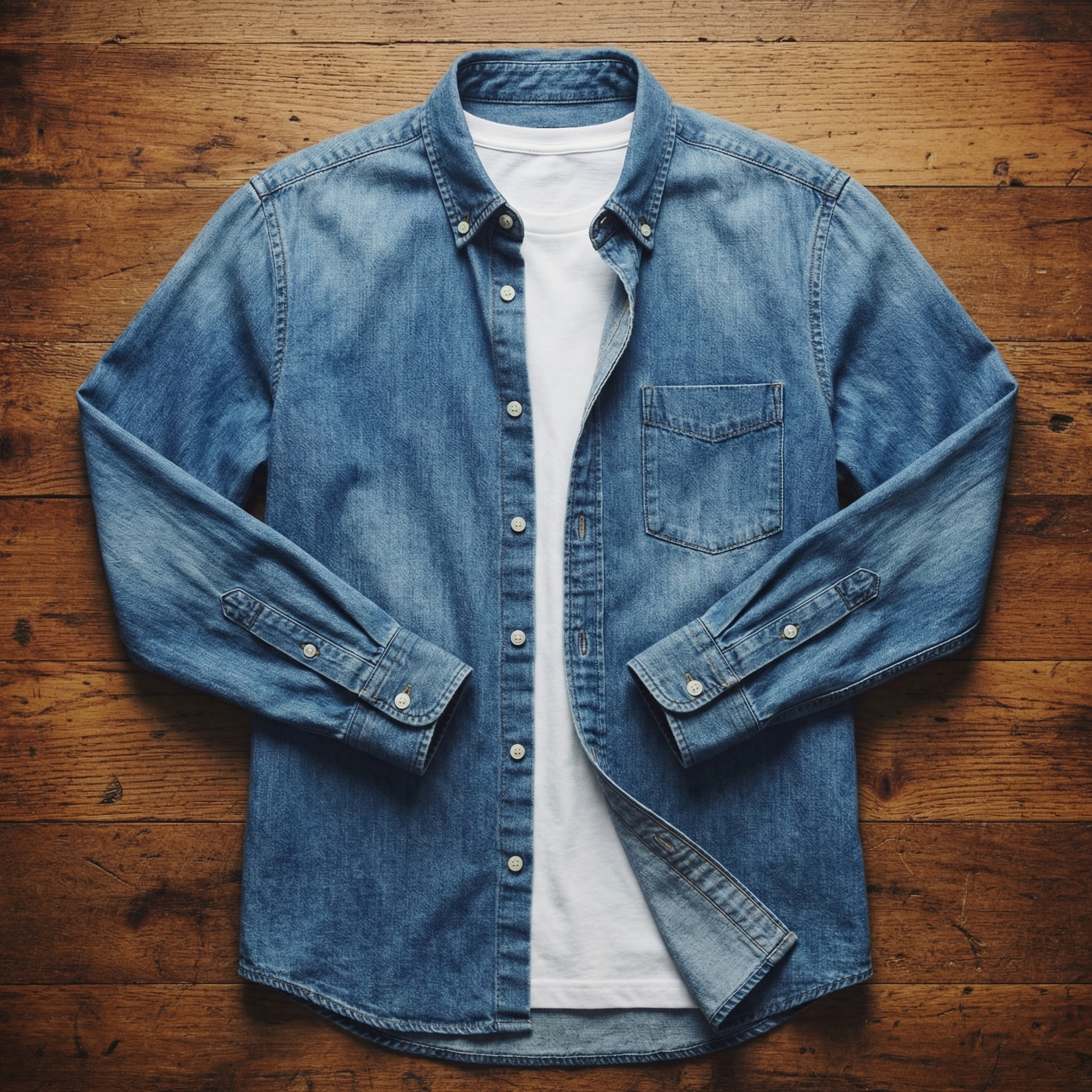 Men's Denim Shirt - Long Sleeve Cotton Button-Up - Casual Wear