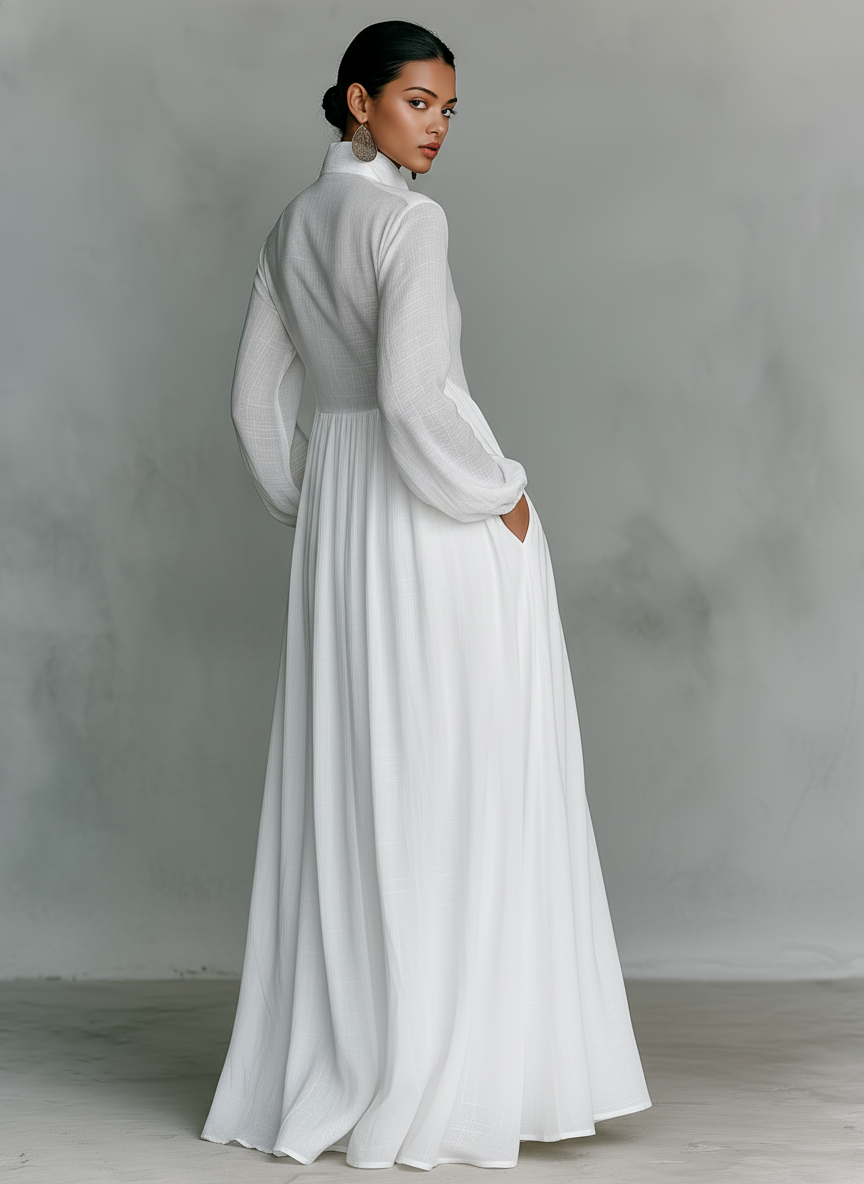 Minimalist Cotton Linen Maxi Dress with Stand-up Collar for Women