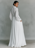 Minimalist Cotton Linen Maxi Dress with Stand-up Collar for Women