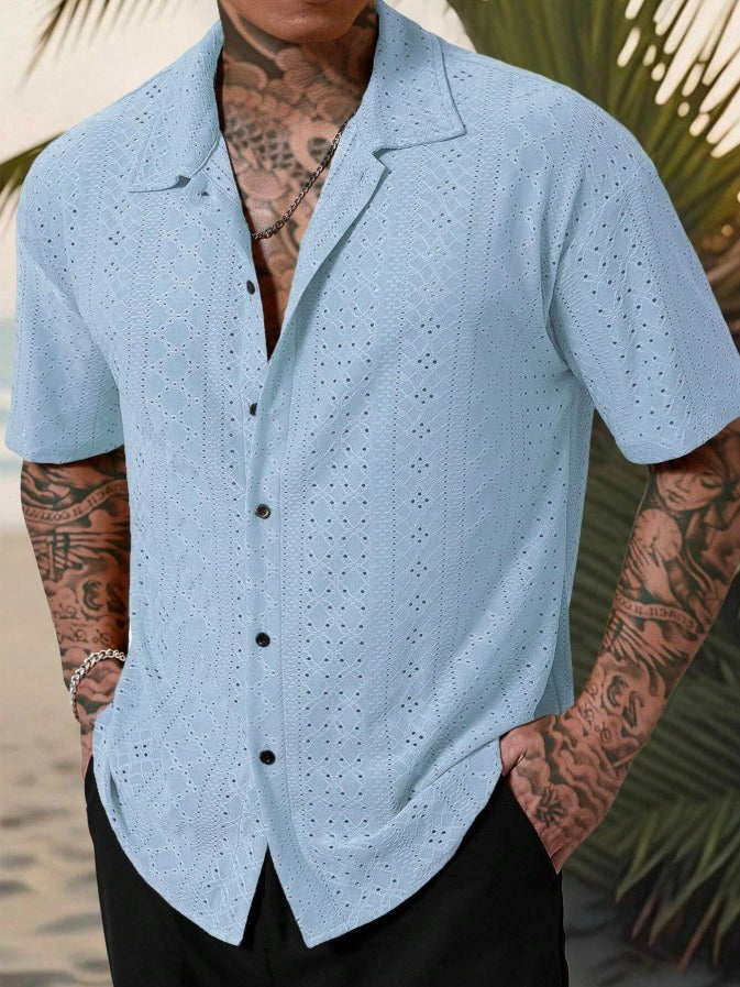 Men's Linen Collar Shirt with Open Stitch Detail | Relaxed Fit Summer Wear