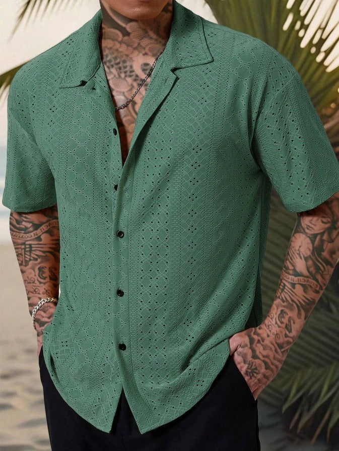 Men's Linen Collar Shirt with Open Stitch Detail | Relaxed Fit Summer Wear