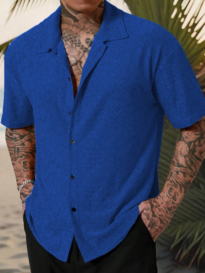 Men's Linen Collar Shirt with Open Stitch Detail | Relaxed Fit Summer Wear