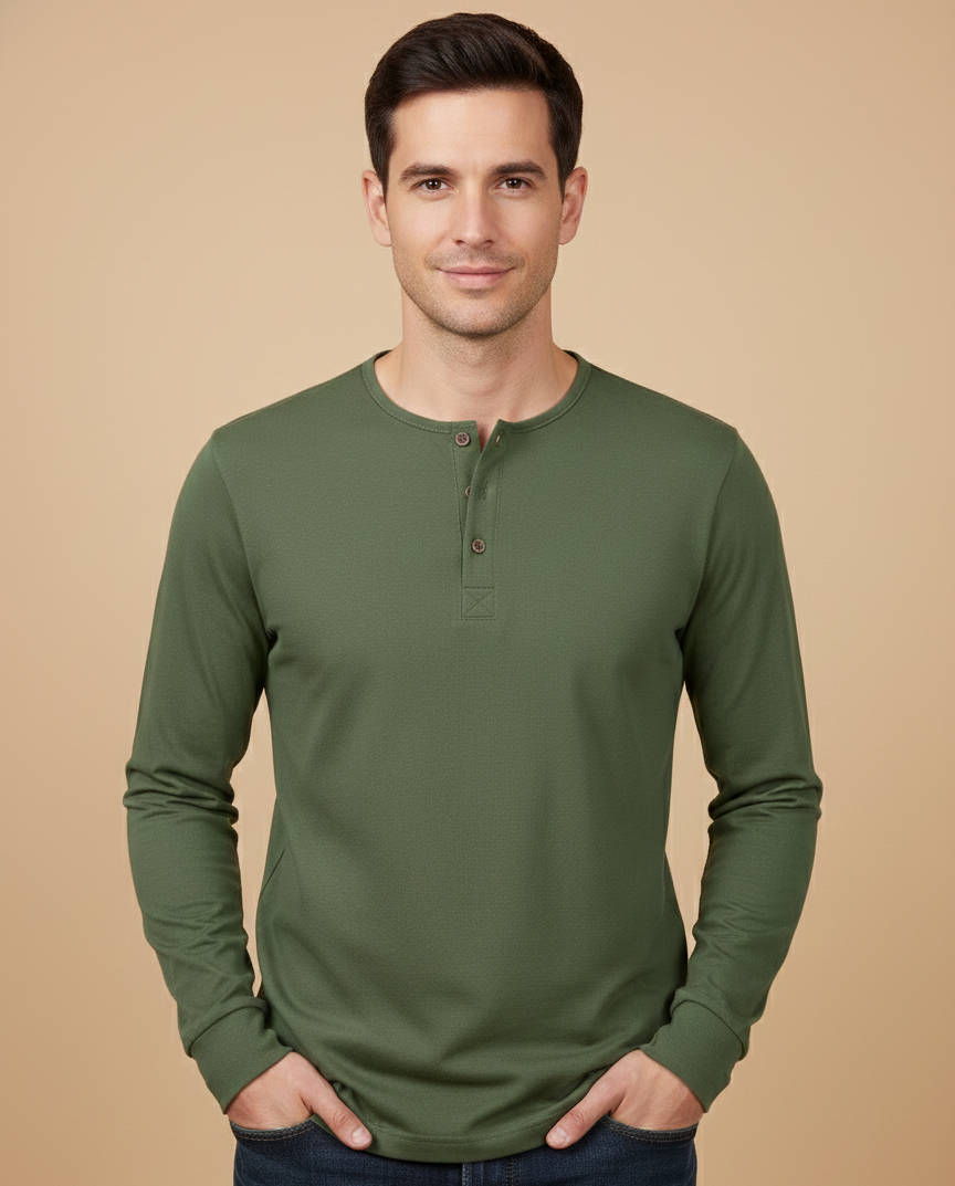 Men's Cotton Long Sleeve Henley Shirt - Lightweight Casual Pullover - Three Button