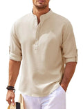 Men's Waffle Knit Henley Shirt - Cotton Linen Blend - Long Sleeve Casual Top
